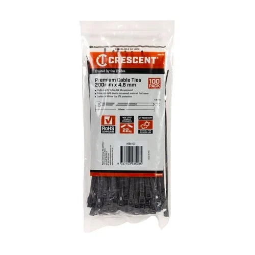 Crescent 200 x 4.6mm Black Cable Ties - 100 Pack