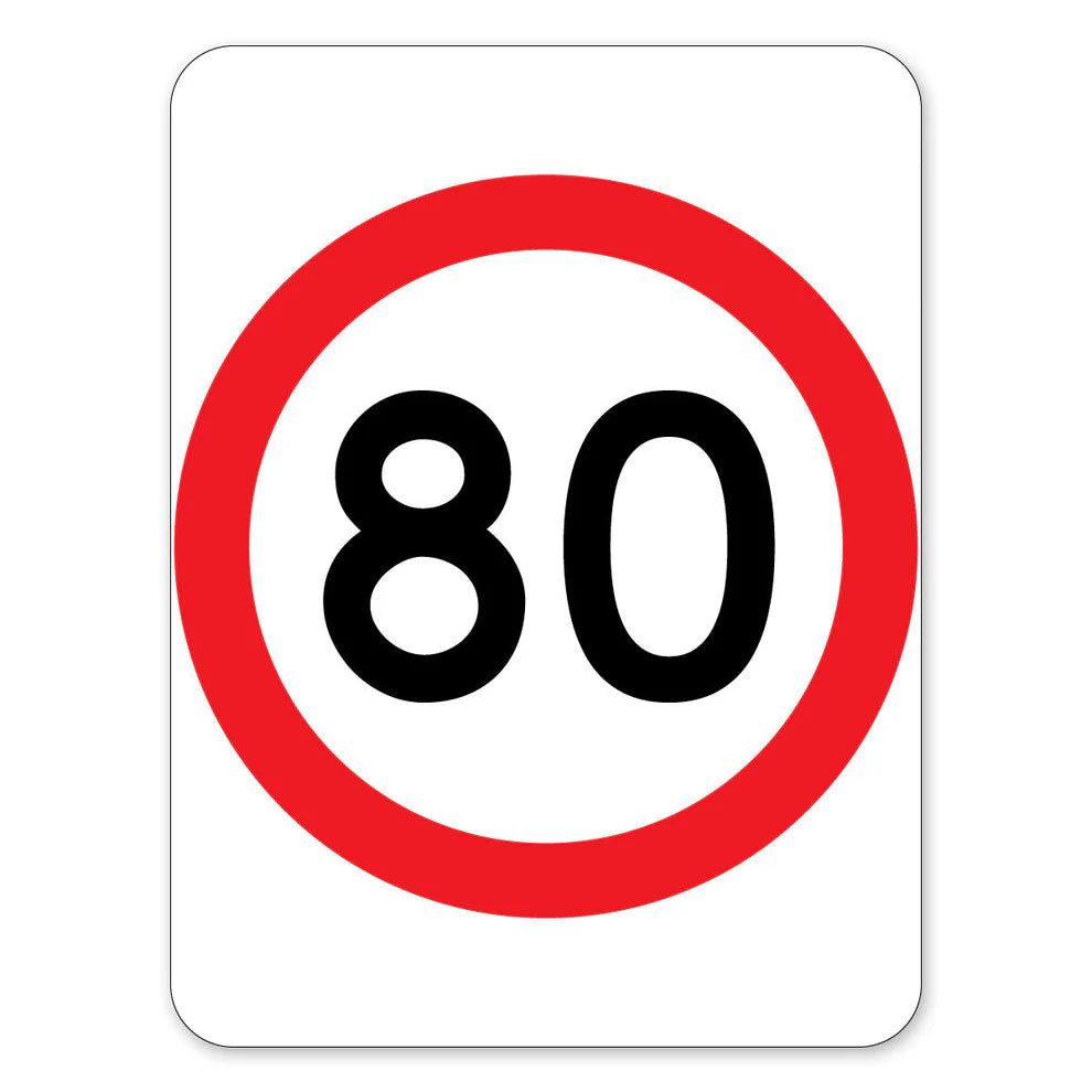 80km Speed Limit 450 x 600mm Red & Black on White CL400 Reflective 40mm CR + Post Mount Hole