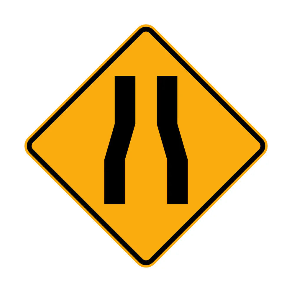 Road Narrows Symbol 600x600mm Black on Yellow CL400 Reflective 50mm CR + Post Holt Mounts