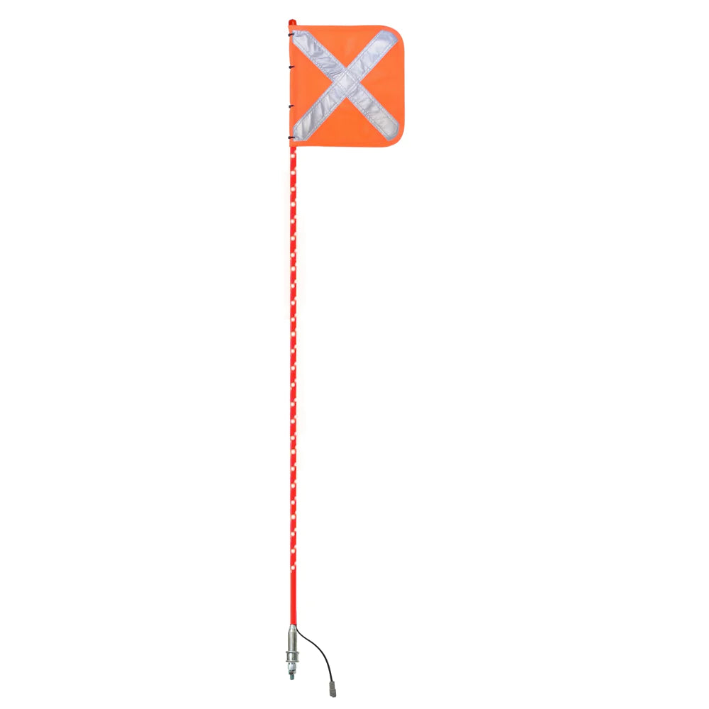 1.5mtr Red Full Pole LED Buggy Whip with Female Deutsch Plug / Multi-volt 12V-24V / Orange Reflective X Mesh Vehicle Safety Flag / Large Anti-Rotational Quick Release Base