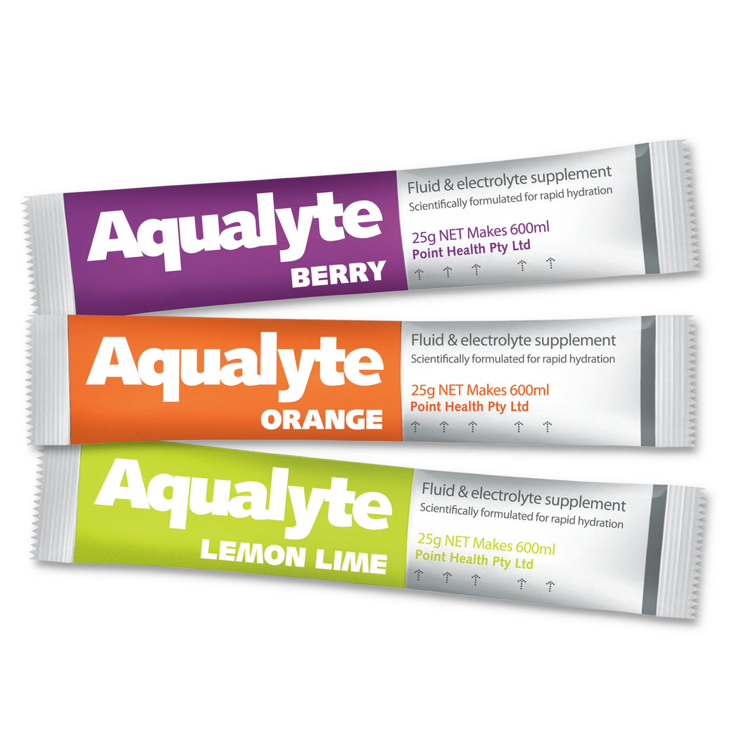 Aqualyte Hydration 
Mixed Flavours (Berry, Orange, Lemon Lime) 25g Sachets - Box of 50