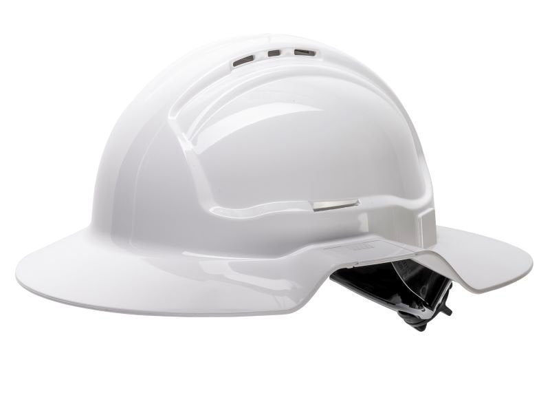 White Broad Brim Vented Hard Hat - Ratchet Harness